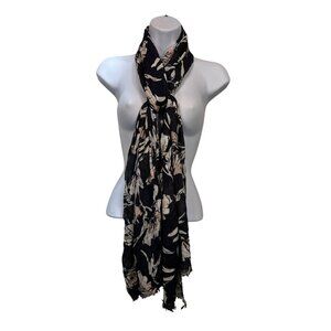 Banana Republic Womens Floral Lightweight Scarf Black Beige Frayed Trim Travel